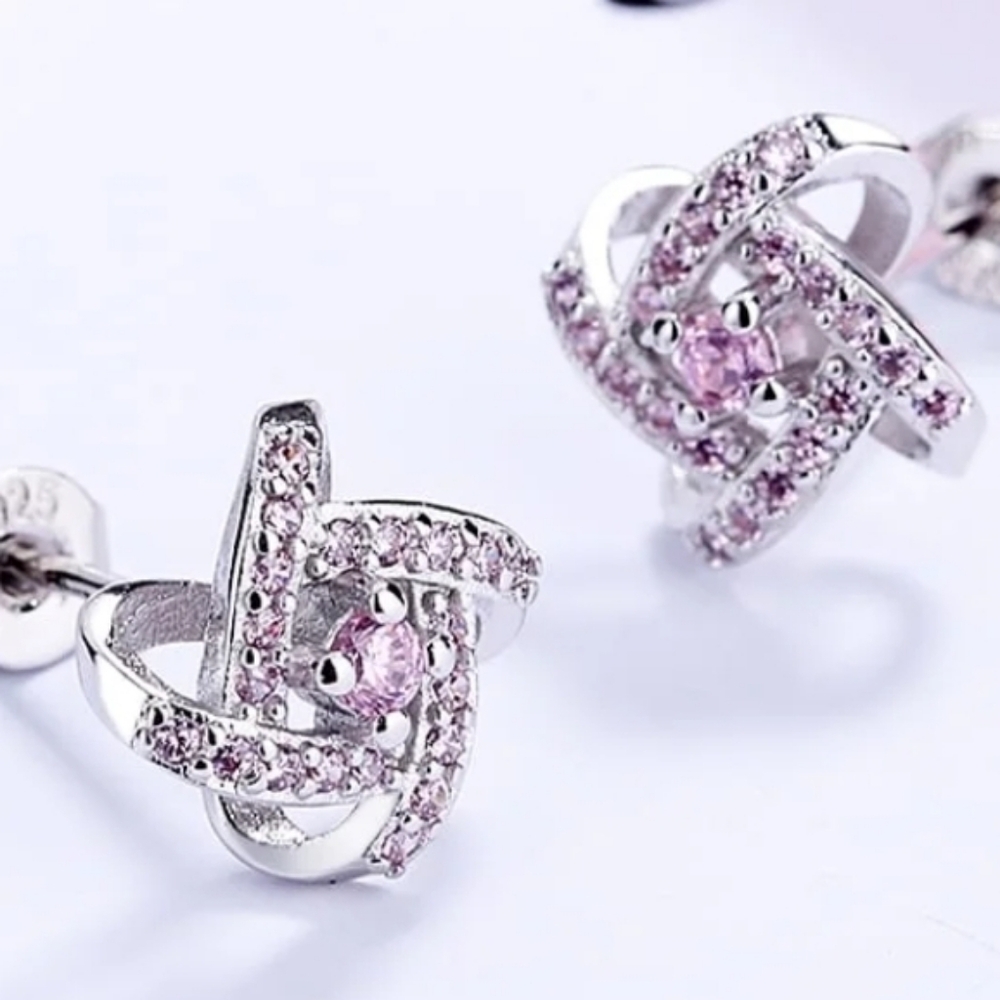 Sterling Pink Silver Love Knot Stud Earrings with crystals from